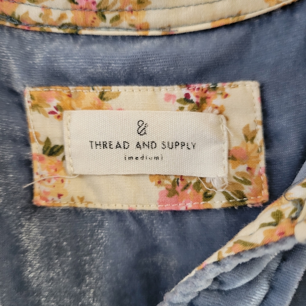 Thread and Supply blue velvet, floral button up shirt, women's size medium - Picture 7 of 13